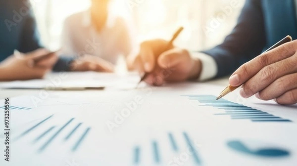 Fototapeta Financial expert showing cost projections to a business team, negotiation terms, financial forecasting