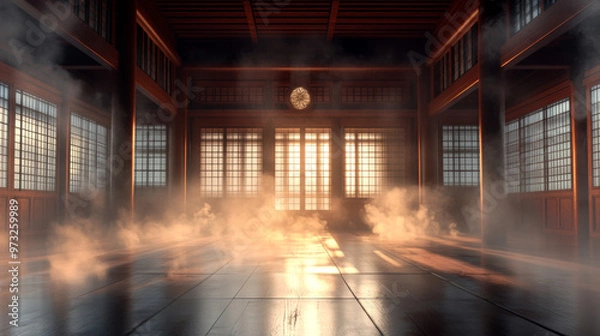Fototapeta  traditional Japanese-style dojo or karate school, featuring a hazy atmosphere in the air. 3d 