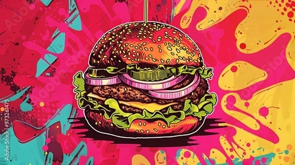Fototapeta A delicious hamburger with lettuce, onion, and pickle on a colorful background.