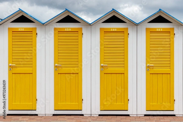 Fototapeta Vintage little beach house or cabins with yellow doors in a row