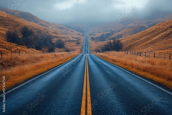 Fototapeta An open road stretching into the horizon flanked by natural scenery