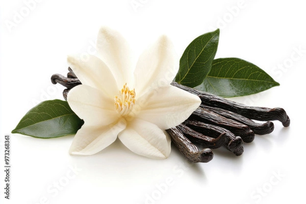 Fototapeta Vanilla flower and pods with green leaves isolated on a white background.
