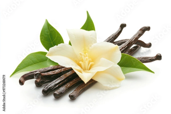 Fototapeta Vanilla flower and pods with green leaves isolated on a white background.