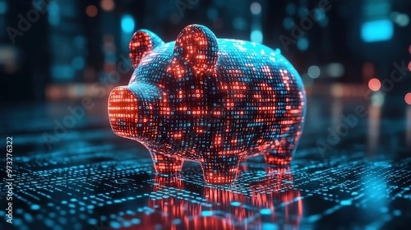 Fototapeta Digital piggy bank made of binary code, glowing blue, representing fintech
