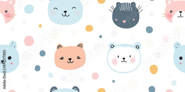 Fototapeta Seamless pattern featuring cute animal faces in pastel colors with polka dots, ideal for children's designs, textiles, and wallpapers. The soft tones include blue, pink, and yellow.