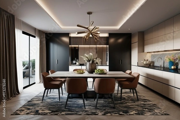 Fototapeta Sleek Contemporary Dining Room Concept with Stylish Atmosphere and 3D Rendering
