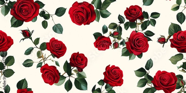 Obraz Seamless rose pattern with realistic red roses and green leaves on a light background, evoking classic elegance.