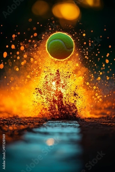 Obraz Tennis Ball in Motion on a Court with Explosive Impact and Bright Orange Sparks Highlighting Intensity and Action in Sports