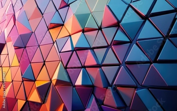 Fototapeta Futuristic, High Tech, colored background, with a triangular block structure. Wall texture with a 3D triangle tile pattern. 3D render 