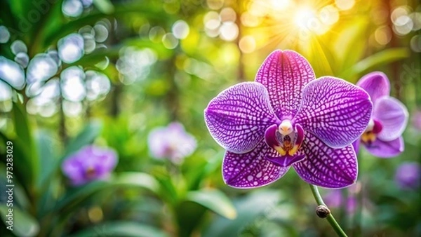 Obraz Closeup shot of Aranda Moonlight orchid flower isolated on green background in greenhouse orchid garden aerial view