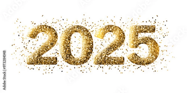 Fototapeta Happy New Year 2025 greeting card element on white background. Festive Christmas design. Gold numbers with realistic glitter texture