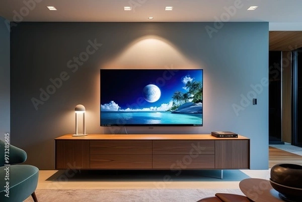 Fototapeta OLED Display on Designer Furniture Piece in Contemporary Den with Smooth Aesthetics