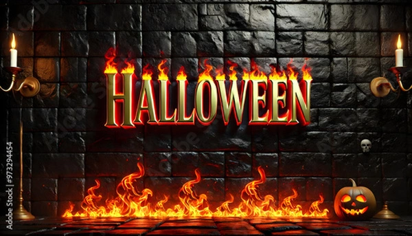Fototapeta The word 'HALLOWEEN' in a glowing golden font against a black stone wall, with red flames surrounding the text. The flames appear intense and dynamic.
