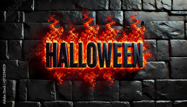 Fototapeta The word 'HALLOWEEN' in a bold black font against a black stone wall, with red flames surrounding the text. The flames appear intense and dynamic.
