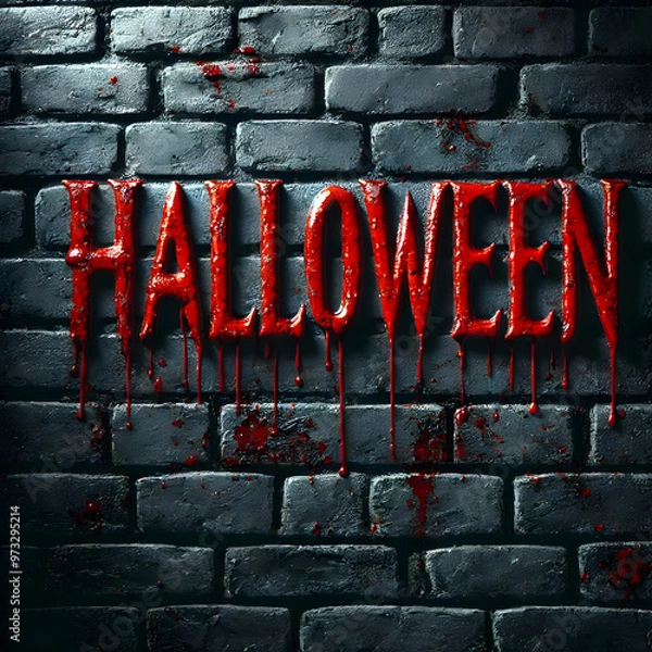 Fototapeta The word HALLOWEEN written in bloody letters on a black brick wall. The blood appears to drip from the letters, creating a macabre and eerie atmospher.

