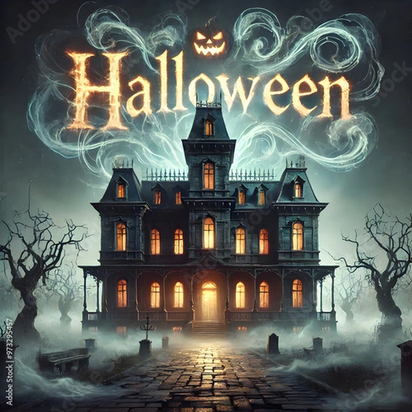 Fototapeta A ghostly inscription of the word 'HALLOWEEN' formed from wisps of fog, floating above an eerie, haunted mansion. The mansion is dimly lit.
