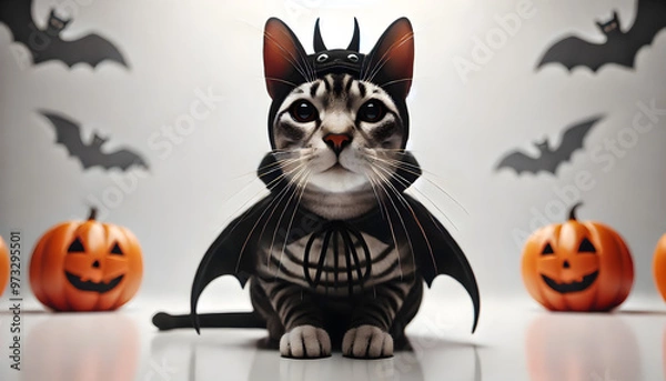 Fototapeta A photorealistic close-up of a cat, with every whisker clearly visible, staring directly into the camera. The cat is dressed in a Halloween bat costum.
