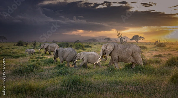 Obraz African Elephants at sunset