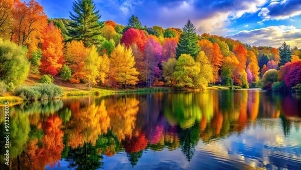 Fototapeta Colorful landscape with asymmetrical composition featuring bright colors such as green, yellow, purple, blue, and orange, with a lake and trees