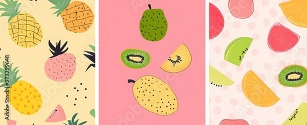 Fototapeta 4 retro vector-style cards with fruit patterns, featuring pineapples, lemons, oranges, and kiwi on a pastel green background.