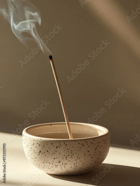 Fototapeta Single incense stick burning in a minimalist bowl