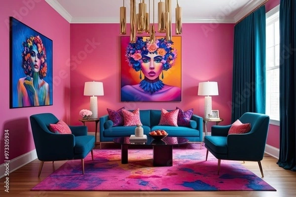 Fototapeta Feminine Perspective in Contemporary Art Featuring Bold Colors and Dynamic Interiors