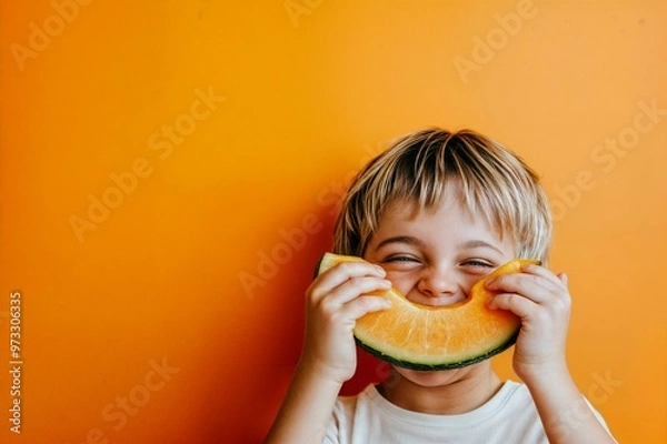 Fototapeta Boy with a cantaloupe slice