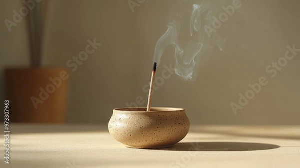 Obraz Burning incense stick in a bowl with smoke rising