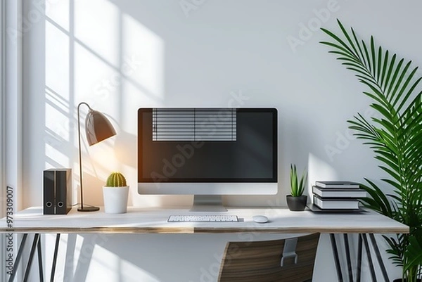 Obraz Modern  home office for teleworking with a sophisticated desk, advanced computer equipment, and ambient lighting, set against a clean, bright backdrop to create a focused, modern work area
