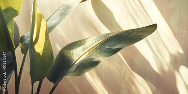 Fototapeta Abstract wallpaper with exotic tropical green leaves on pastel colored wall background with copy space. Authentic backdrop.