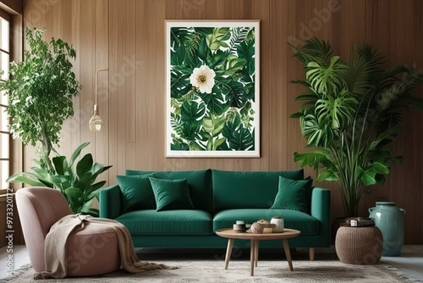 Fototapeta Vibrant Green Floral Art Print for Bohemian Living Room Decor with Lush Nature Elements