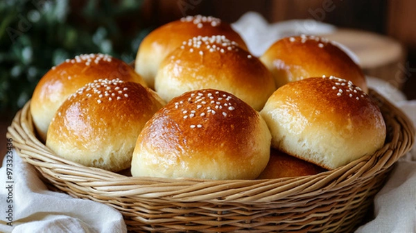 Fototapeta Freshly baked sesame seed rolls in a wicker basket on a rustic wooden table