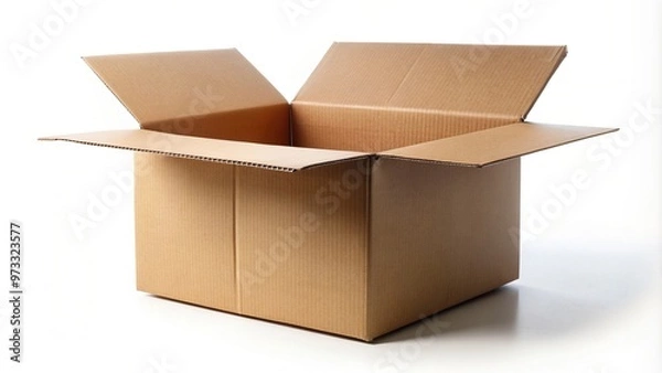 Fototapeta Open cardboard box with flaps folded back placed on a white background at a low angle, low angle,cardboard box, cardboard, packaging material, delivery, object, open box, relocation, brown