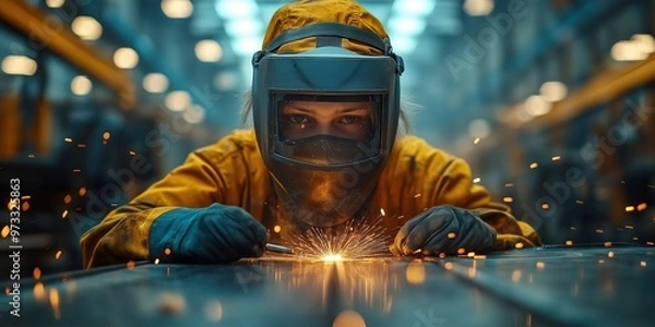 Fototapeta An individual in welding attire performs precise welding tasks, with intense light and bright sparks from the torch