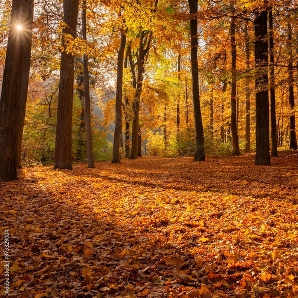 Fototapeta Golden Autumn Leaves Creating a Carpet of Color in a Tranquil Forest