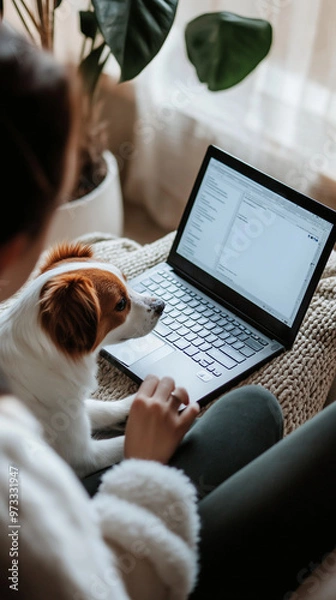 Obraz Woman working from home with dog by her side, cozy home office scenes with pets