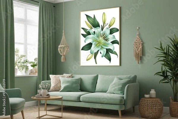 Fototapeta Mint Green Floral Wall Art Print for Living Room Boho Botanical Decor Soft Flower Design