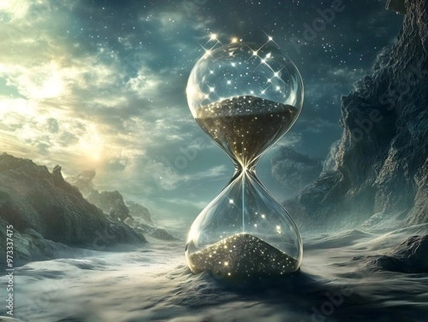 Fototapeta An hourglass filled with stars slowly trickles stardust, representing the passage of time on a cosmic scale and the vastness of existence.
