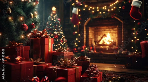 Fototapeta Cozy Christmas living room with decorated tree, gifts, stockings, and roaring fireplace, beautifully lit and inviting atmosphere