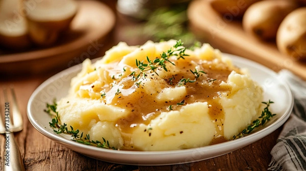 Obraz Delicious mashed potatoes topped with savory gravy and fresh herbs served on a rustic table