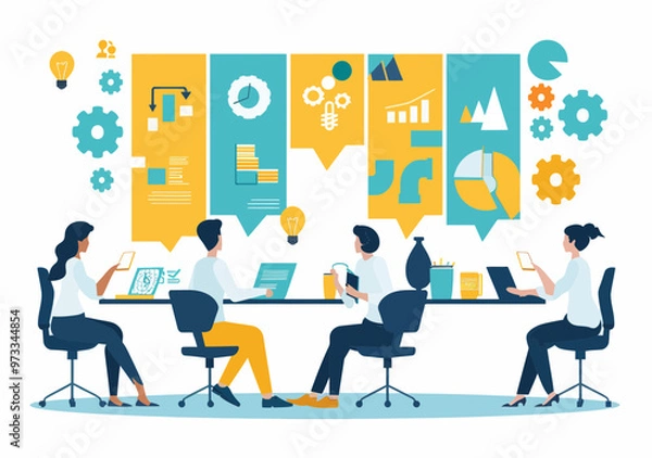 Fototapeta Team Collaboration on Business Project Planning in Modern Office Setting with Data Visualization Charts and Technology, Minimalistic Vector Illustration for Corporate Strategy and Cooperation Concepts