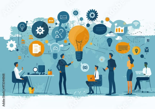 Fototapeta Business Team Collaboration and Brainstorming Concept Illustration with Main Idea Light Bulb, Office Workers Discussing and Sharing Innovative Ideas, Minimalistic Style