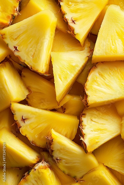 Fototapeta Close-up of fresh pineapple slices. Close-up of sliced pineapple pieces in vibrant yellow, ideal for food blogs, healthy recipes, summer events, or tropical-themed designs.