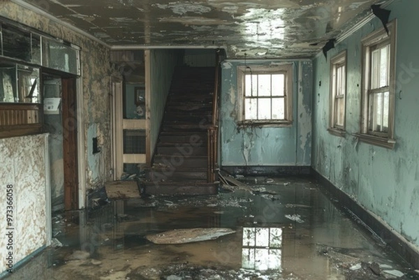Fototapeta Flooded basement depicting water damage and a deteriorated interior.