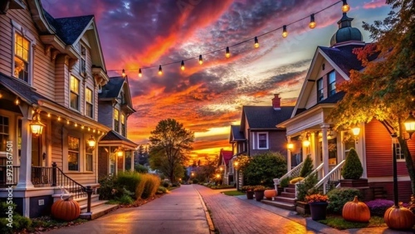 Obraz Vibrant orange and purple sunset casts a spooky glow on Sugar Hill's charming downtown streets, decked out in festive Halloween decorations and twinkling lights.