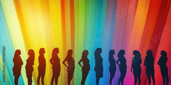 Obraz A group of business people standing in front of an abstract background with multi-colored stripes, representing diversity and a cohesive team Generative AI