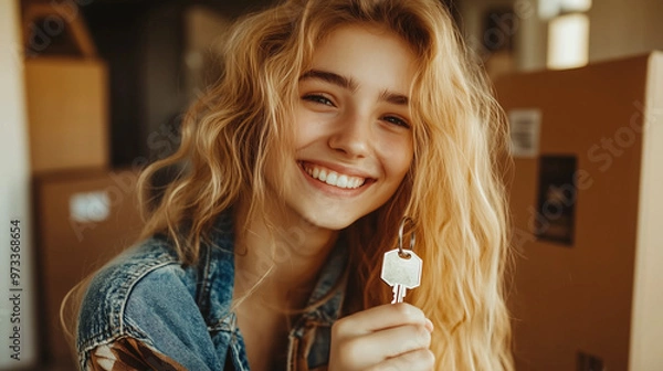 Obraz Young blonde woman poses with keys to her new apartment, surrounded by moving boxes and smiling at the camera