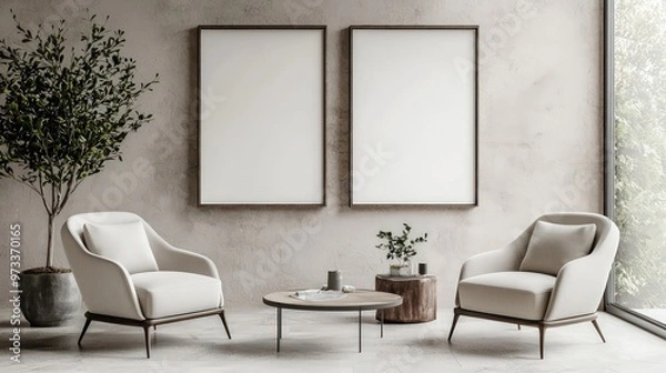 Fototapeta Modern living room interior in light beige tones featuring two armchairs and a table, with empty blank poster frames mock-up, rendered in 3D.