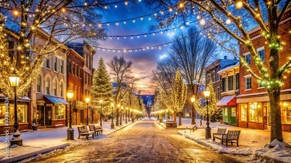 Fototapeta Vibrant winter wonderland scene in historic downtown Frederick, Maryland, featuring thousands of twinkling string lights adorning buildings and streets, creating a magical holiday atmosphere.