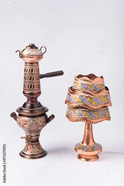 Fototapeta Traditional Arabic Copper Samovar and Handcrafted Copper Lamp with Colorful Pattern Isolated on White Background (Easily Convertible to Transparent PNG)